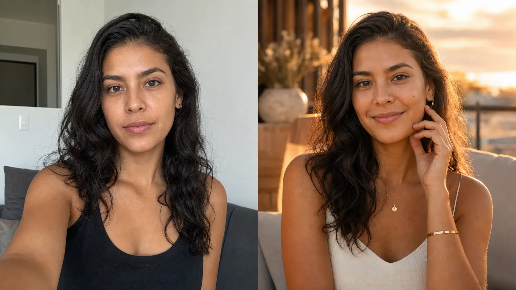 Comparación antes y después con la misma persona aplicando el prompt Golden Hour